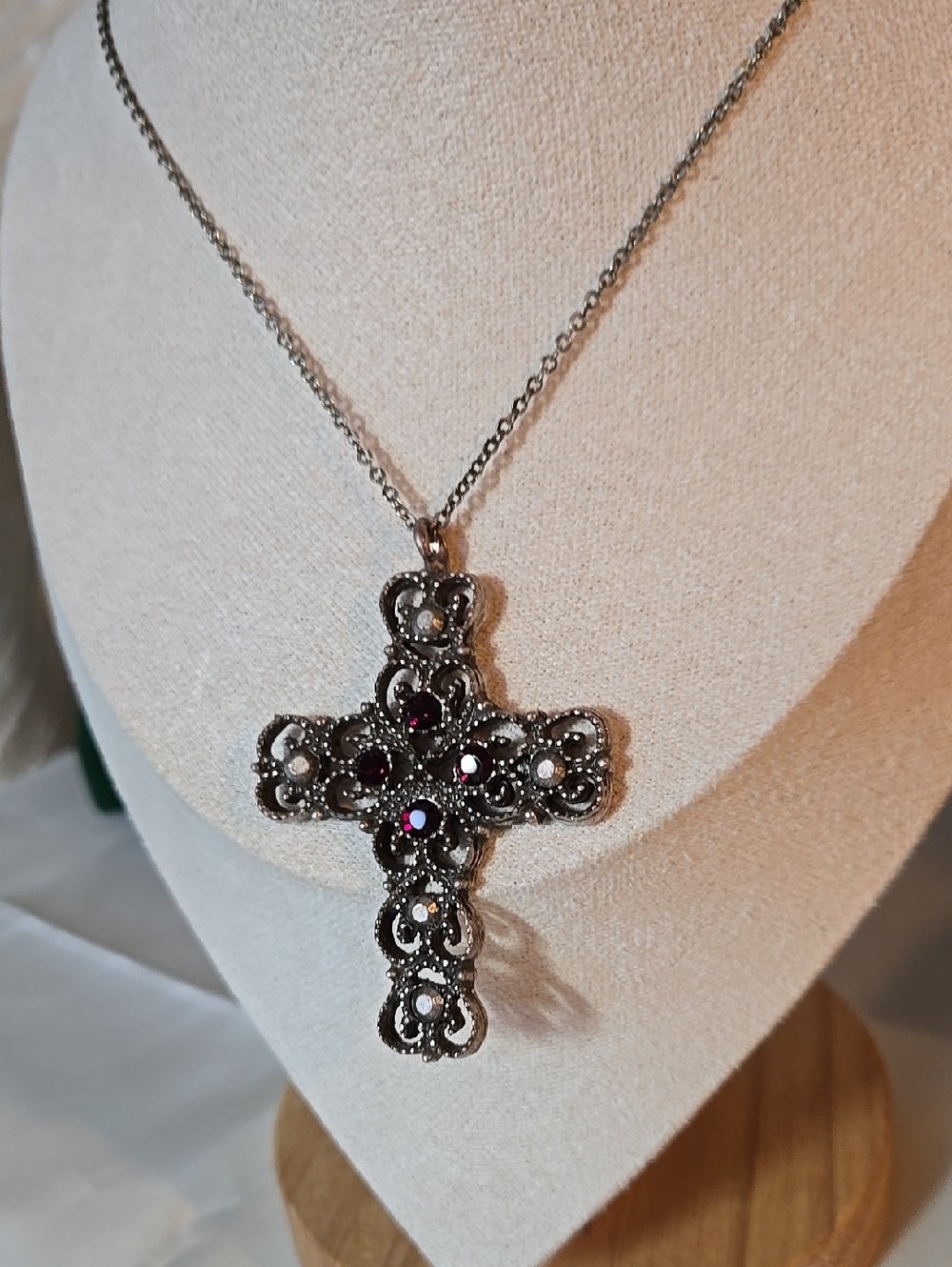 Silver-Tone Cross Pendant Necklace with Deep Red Accents